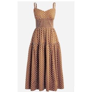 J.Crew Polka Dot Smocked Midi Dress Brown Sweetheart Classic Sleeveless 6 NWT